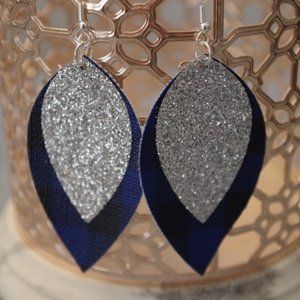 Blue Buffalo Plaid Silver Glitter Leaf Drop Earrings